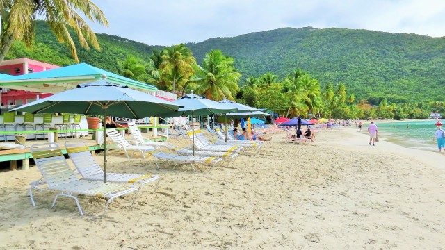 Umbrella and beach chair rentals at Cane Garden Bay.