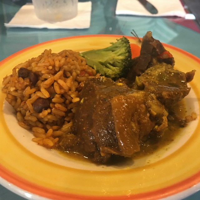 Stew mutton and rice at Cuzzins Restaurant.